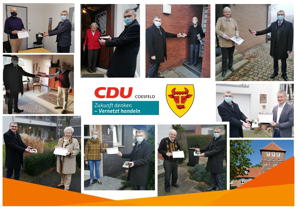 Diese Fotocollage zeigt die persönlichen Ehrungen eines Teils der 14 ehrenamtlichen CDU-Mitglieder durch den Stadtverbands-Vorsitzenden Wilhelm Korth MdL, die 60, 50, 40 und 25 Jahre der Coesfelder Union angehören. Foto: CDU Coesfeld